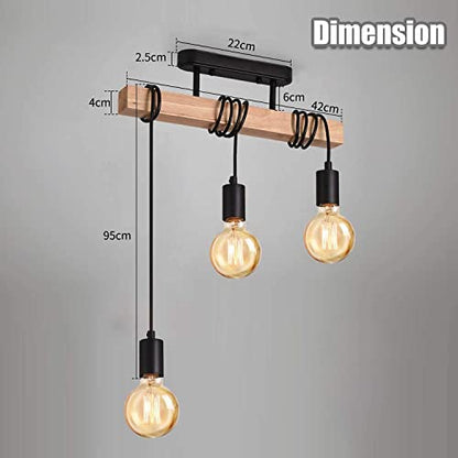 - Lightess Industrial Wood Pendant Light with 3 Heads | Adjustable Pendent Chandelier Light | Vintage Semi Flush Ceiling Light -