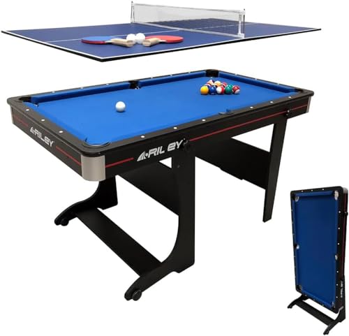 - Riley 5ft Folding Pool Table | Supplied with Balls & Cues & Matching Table Tennis Top | Converts into Desk -