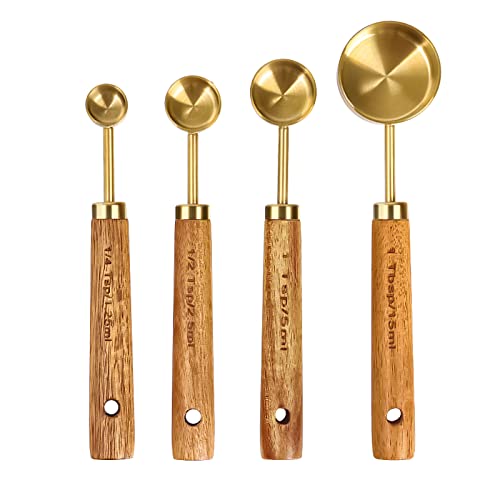 Cuteefun Measuring Cups and Spoons Set of 8, Wooden Handle, with Metric and US Measurements, Premium Stainless Steel, Gold Polished Finish, Dry & Liquid Measuring Cup, for Cooking and Baking