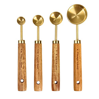 Cuteefun Measuring Cups and Spoons Set of 8, Wooden Handle, with Metric and US Measurements, Premium Stainless Steel, Gold Polished Finish, Dry & Liquid Measuring Cup, for Cooking and Baking