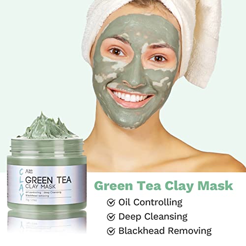 ANAiRUi Turmeric Clay Mask - Green Tea Detox Clay Mask - Dead Sea Minerals Mud Mask, Spa Facial Mask Set for Deeply Cleansing, Detoxing, Reducing Acne, Pores and Blackheads, 210g