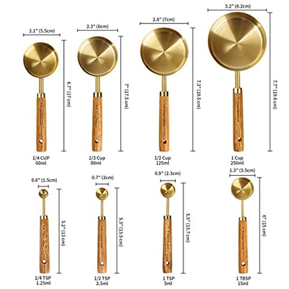 Cuteefun Measuring Cups and Spoons Set of 8, Wooden Handle, with Metric and US Measurements, Premium Stainless Steel, Gold Polished Finish, Dry & Liquid Measuring Cup, for Cooking and Baking