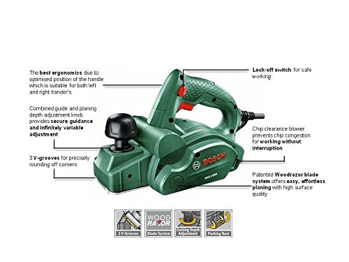 Bosch Home and Garden Electric Planer PHO 1500 (550 W, Planing width 82 mm, Weight 2.4 kg, Cutting depth 0 – 1.5 mm, in carton packaging)