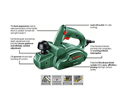 Bosch Home and Garden Electric Planer PHO 1500 (550 W, Planing width 82 mm, Weight 2.4 kg, Cutting depth 0 – 1.5 mm, in carton packaging)