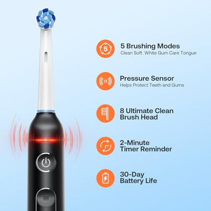 Bitvae Rotating Electric Toothbrush 2 Packs for Adults with Pressure Sensor, Gifts for Men/Women, 5 Modes Rechargeable Power Toothbrush with 8 Brush Heads, Black & White, R2