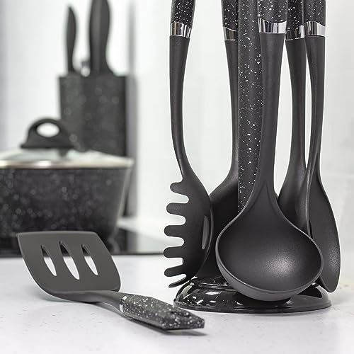 Blackmoor 66779 6-Piece Kitchen Utensils Set / Non-Scratch & Heat Resistant / BPA Free Plastic / Modern & Vibrant Stylish Black Marble Colour / Space Saving Kitchen Storage