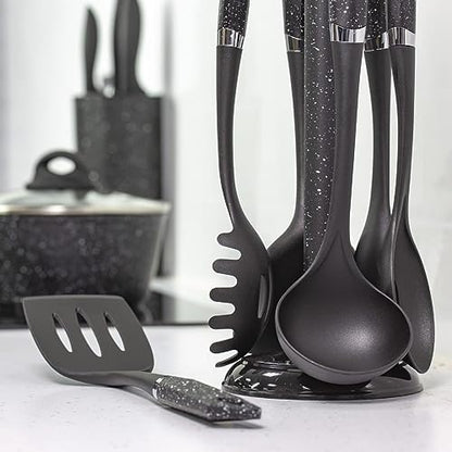 Blackmoor 66779 6-Piece Kitchen Utensils Set / Non-Scratch & Heat Resistant / BPA Free Plastic / Modern & Vibrant Stylish Black Marble Colour / Space Saving Kitchen Storage