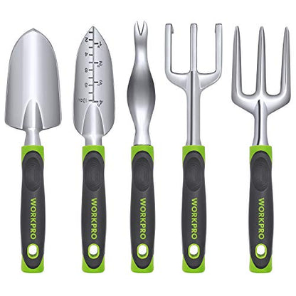 - WORKPRO 5 Pcs Gardening Tools Cast Aluminum Garden Set with Fork, Weeder, Claw, Trower, Soil Shovel for Gardener