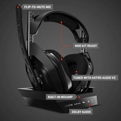 ASTRO Gaming A50 Wireless Headset + Gaming Charging Station, 4th Gen, Dolby, Balancing Gaming Sound and Voice, 2.4 GHz Wireless Connection, PS5 (HDMI adapter required), PS4, PC, Mac - Black