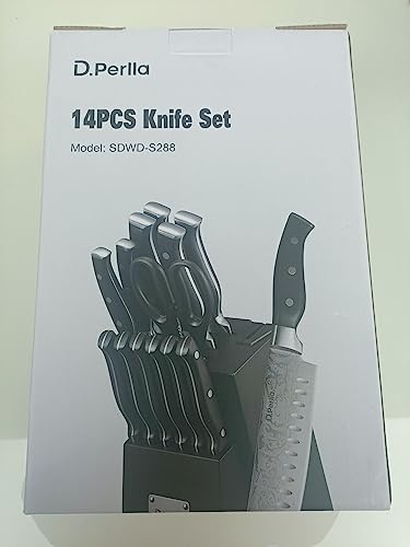 D.Perlla Knife Set, 14 Pieces Kitchen Knives Set with Self Sharpening Wooden Block, German Stainless Steel Knife Block Set with Steak Knives, Black