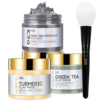 ANAiRUi Turmeric Clay Mask - Green Tea Detox Clay Mask - Dead Sea Minerals Mud Mask, Spa Facial Mask Set for Deeply Cleansing, Detoxing, Reducing Acne, Pores and Blackheads, 210g