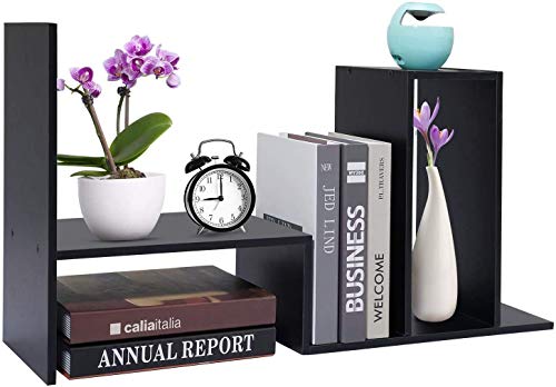 - Hossejoy Wood Adjustable Bookshelf Bookcase | Expandable Desktop Storage Organizer -