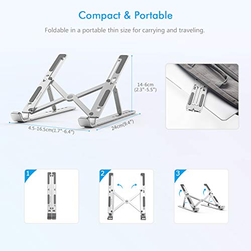 BoYata Laptop Stand, 6 Levels of Height Adjustable Portable Laptop Holder for Desk, Aluminum Foldable Laptop Riser, Compatible with MacBook Air/Pro, Dell, HP, Acer, Most 10-15.6” Laptops-Silver