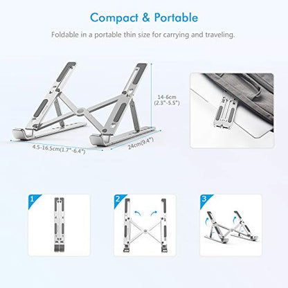 BoYata Laptop Stand, 6 Levels of Height Adjustable Portable Laptop Holder for Desk, Aluminum Foldable Laptop Riser, Compatible with MacBook Air/Pro, Dell, HP, Acer, Most 10-15.6” Laptops-Silver