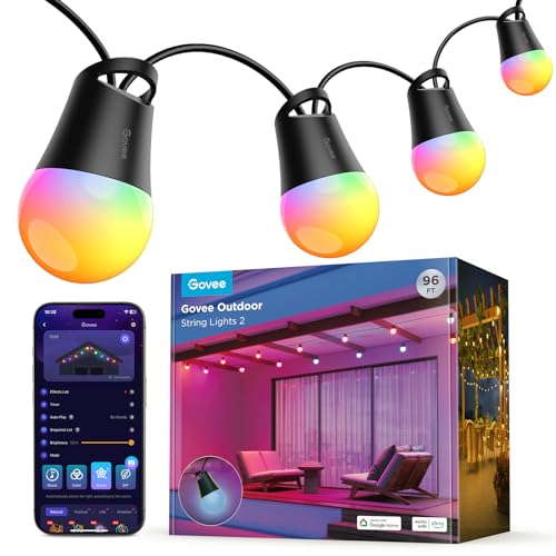- Govee Smart Outdoor String Lights | 30M | RGBIC Outdoor Lights with Dimmable Warm White LED Bulbs -
