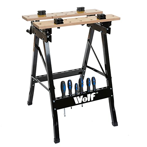 - Workbench Folding Wolf Mobile Portable Bench Strong Hard Wearing MDF Top 30mm Steel Box Section Legs Jaw Grips Worktop for Sawing Drilling Planing & Sanding