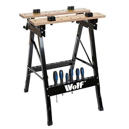 - Workbench Folding Wolf Mobile Portable Bench Strong Hard Wearing MDF Top 30mm Steel Box Section Legs Jaw Grips Worktop for Sawing Drilling Planing & Sanding