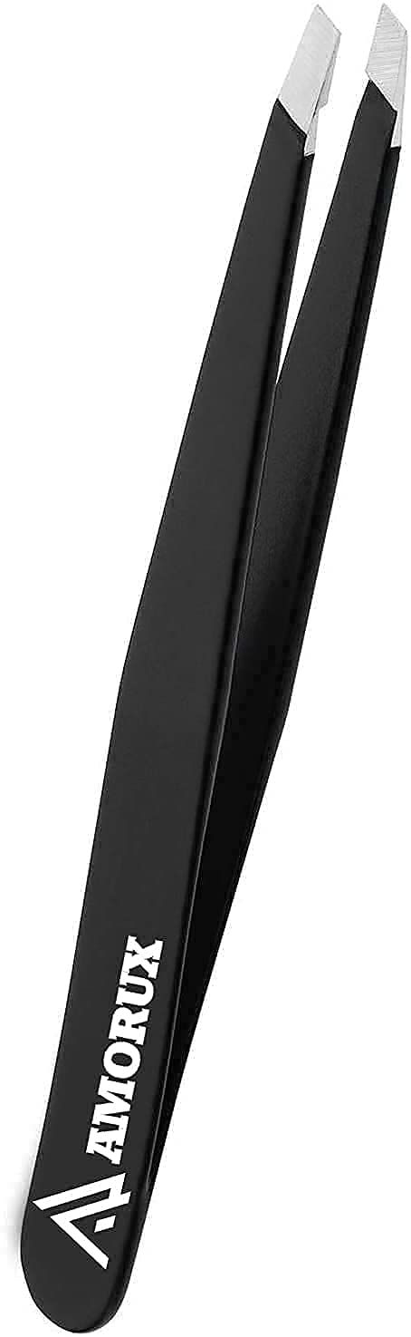 Amorux Tweezers for facial hair women & men Professional Stainless Steel black color coated precision tweezers Slanted & Pointed Tip eyebrow tweezers for Ingrown Hair tweezers