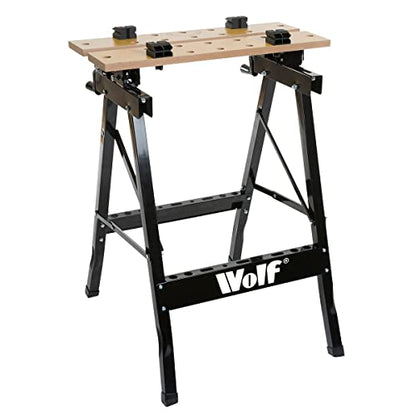 - Workbench Folding Wolf Mobile Portable Bench Strong Hard Wearing MDF Top 30mm Steel Box Section Legs Jaw Grips Worktop for Sawing Drilling Planing & Sanding