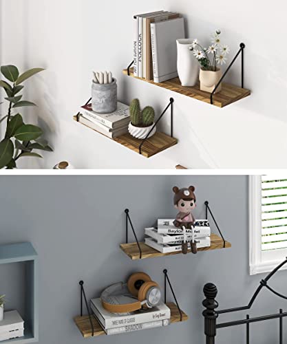 Afuly Rustic Floating Shelves Wooden for Wall Mounted with Metal Brackets Wood Storage Shelf for Bathroom Kitchen Bedroom Living Room Office Decorative Home Accessories, Set of 2