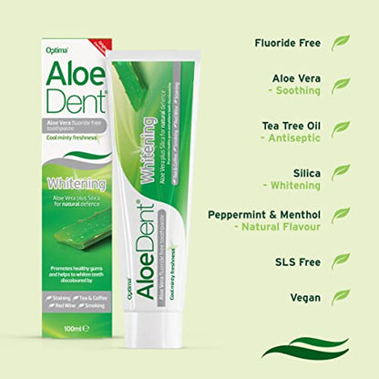 Aloe Dent Whitening Aloe Vera Toothpaste Fluoride Free, Natural Action, Vegan, Cruelty Free , SLS Free, Naturally White, Healthy Gums , 100 ml, packaging may vary