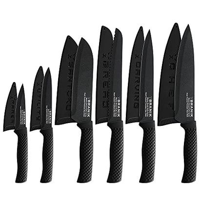 BRANIK 6Pc Black Kitchen Knife Sets with Protective Sheaths & Giftbox, Premium German Steel, Special Non-Stick Coating Making Them Dishwasher Safe.