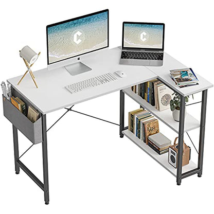 CubiCubi 100 cm Small L Shaped Computer Desk with Storage Shelves Home Office Corner Desk Study Writing Table, White