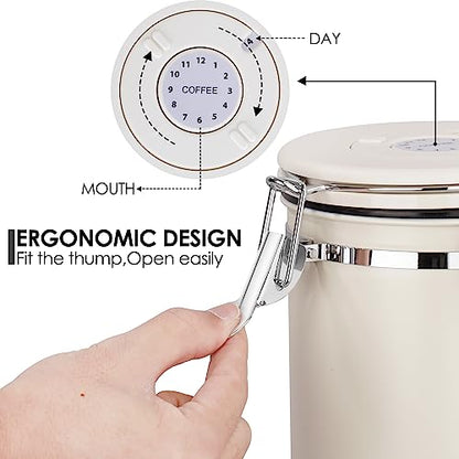 BEZORR 1800ML Airtight Coffee Canister, Stainless Steel Airtight Coffee with Date Tracker, CO2 Valve and Measure Spoon, Canister Kitchen Cereal Storage Jar for Beans/Tea/Sugar/Cereal