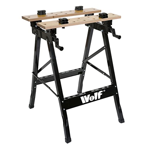 - Workbench Folding Wolf Mobile Portable Bench Strong Hard Wearing MDF Top 30mm Steel Box Section Legs Jaw Grips Worktop for Sawing Drilling Planing & Sanding