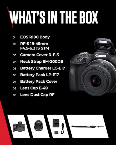 Canon EOS R100 - Compact Mirrorless Digital Camera - 24.1 MP, 4K Resolution - Dual Pixel CMOS AF, DIGIC 8 Processor - 6.5 FPS Continuous Shooting - Face & Eye Detection, Bluetooth, Wi-Fi, GPS