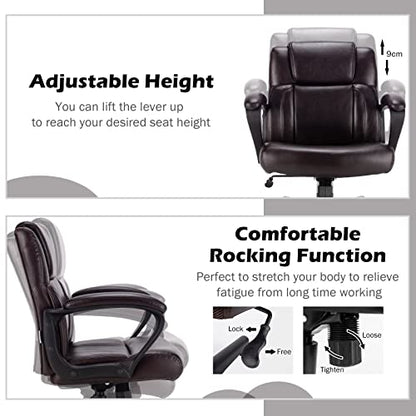 COSTWAY 300/330/400/500LBS Big & Tall Executive Office Chair, Height Adjustable Leather Computer Desk Chair with Rocking Backrest & Arms, Home Office Ergonomic Swivel Task Chair (330LBS, Brown)