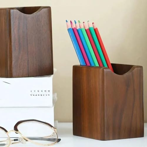 - SHOPUKASA 2 Pack Wood Pen Pencil Holder Stand | Multi Purpose Natural Wood Pencil Cup Desk Organizer | (2 Pack Walnut Color) -