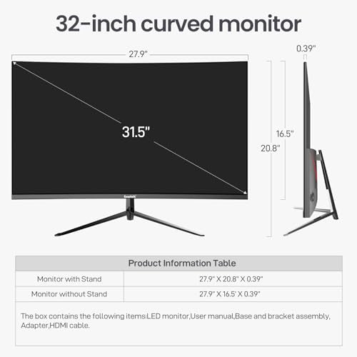 - Gawfolk 32 Inch Computer Monitor | 75Hz Full HD 1920 x 1080p Curved Display | HDMI/VGA -