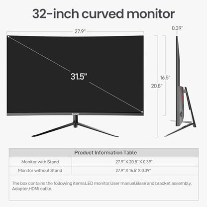 - Gawfolk 32 Inch Computer Monitor | 75Hz Full HD 1920 x 1080p Curved Display | HDMI/VGA -
