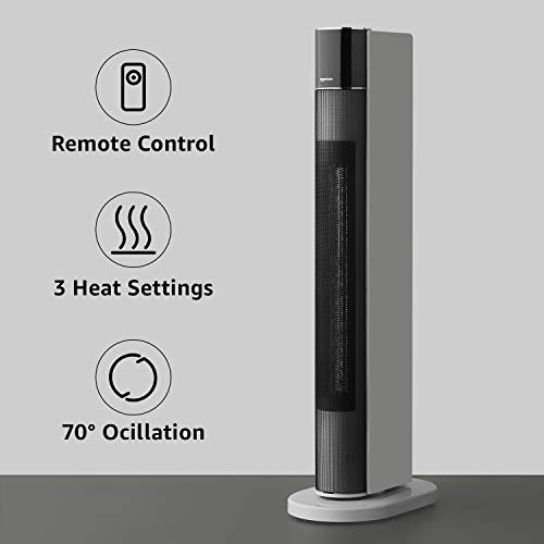 Amazon Basics ECO Oscillating Portable Tower Heater, 2 Fan Speeds, 3 Heat Settings, Timer and Remote Control, with UK plug, 2200W, White