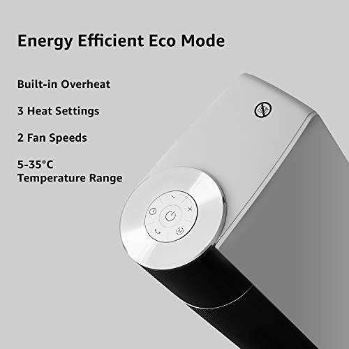 Amazon Basics ECO Oscillating Portable Tower Heater, 2 Fan Speeds, 3 Heat Settings, Timer and Remote Control, with UK plug, 2200W, White