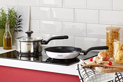 - Tefal Comfort Max | Pan Set | 14cm Milkpan, 16cm and 18cm Saucepans with Lids | 20cm and 24cm Frying Pans | Silver -