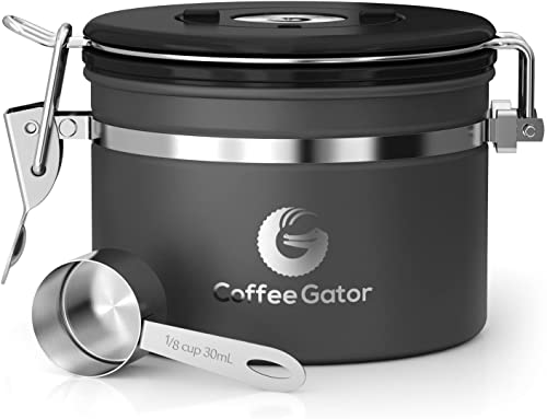 Coffee Gator Coffee Storage - Stainless Steel Tea and Sugar Containers - Canisters w/Date-Tracker, CO2 Valve for Freshness & Scoop - Small, Gray