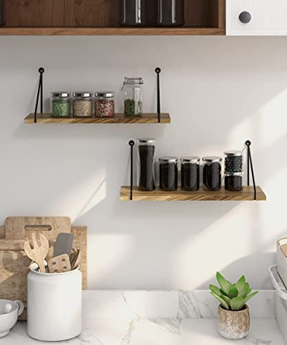 Afuly Rustic Floating Shelves Wooden for Wall Mounted with Metal Brackets Wood Storage Shelf for Bathroom Kitchen Bedroom Living Room Office Decorative Home Accessories, Set of 2