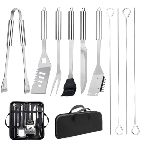11Pcs BBQ Accessories, Professional Stainless Steel BBQ Grill Tool Set, Portable Barbecue Utensil Set with Case, Birthday BBQ Gift for Men Backyard Outdoor Camping Barbecue Cooking Picnics