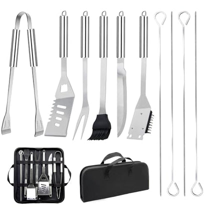 11Pcs BBQ Accessories, Professional Stainless Steel BBQ Grill Tool Set, Portable Barbecue Utensil Set with Case, Birthday BBQ Gift for Men Backyard Outdoor Camping Barbecue Cooking Picnics