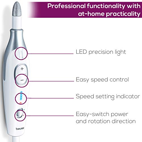Beurer MP42UK Pedicure and Manicure Set, Electric Nail File with 7 High-Quality Attachments, LED Precision Light, Fast Rotation (2500-4600rpm), UK Plug and Storage Bag