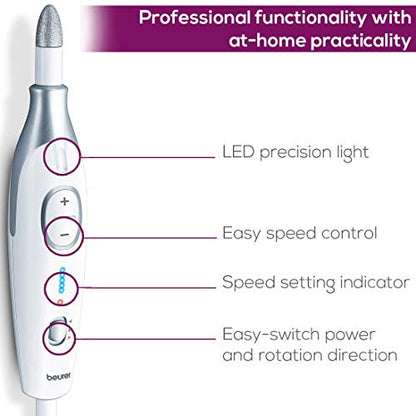 Beurer MP42UK Pedicure and Manicure Set, Electric Nail File with 7 High-Quality Attachments, LED Precision Light, Fast Rotation (2500-4600rpm), UK Plug and Storage Bag