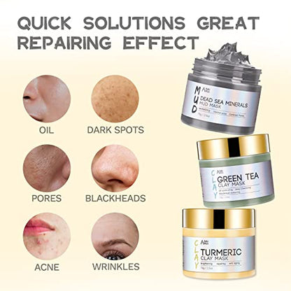 ANAiRUi Turmeric Clay Mask - Green Tea Detox Clay Mask - Dead Sea Minerals Mud Mask, Spa Facial Mask Set for Deeply Cleansing, Detoxing, Reducing Acne, Pores and Blackheads, 210g