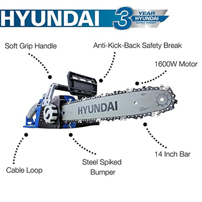 - Hyundai 1600w / 230v | 14" Bar Powerful Electric Chainsaw | Lightweight | 3m Power Cable | Automatic Chain Lubrication | Easy to Use Corded Chain Saw -