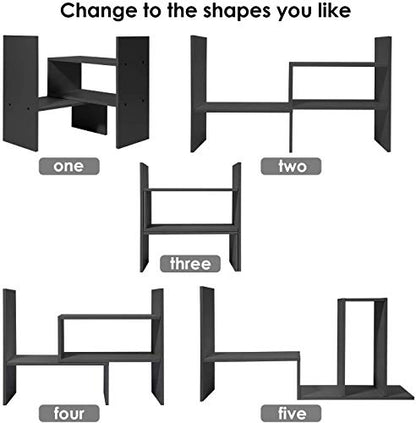 - Hossejoy Wood Adjustable Bookshelf Bookcase | Expandable Desktop Storage Organizer -