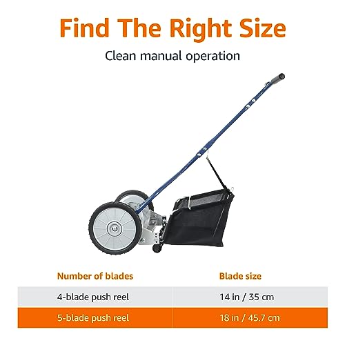 Amazon Basics Push Reel Lawn Mower, 46cm 5-blade with grass catcher, Blue