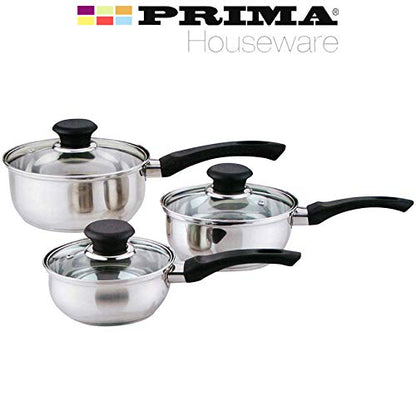 6 Pcs Stainless Steel Saucepan Essential Cookware Set with Glass Lids & Sturdy Handles Pot Prima Kitchen Cook Home Chef Cooking Sauce Pan Housewarming Gifts UK Free P&P