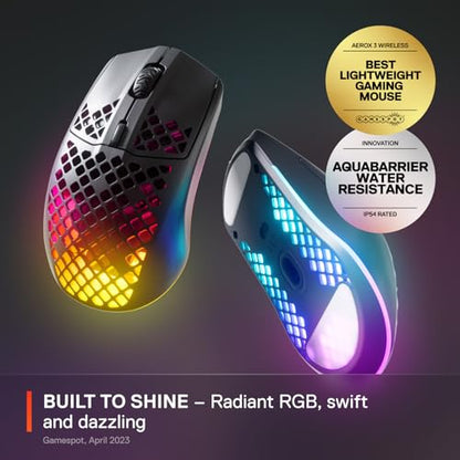 - SteelSeries Aerox 3 Wireless | Holey RGB Gaming Mouse | Ultra-lightweight Water Resistant Design -