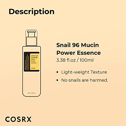 COSRX Advanced Snail 96 Mucin Power Essence 100ml, Skin Repair & Hydrating Serum, Snail Secretion Filtrate 96% & Hyaluronic acid, Korean Skincare, Animal testing free